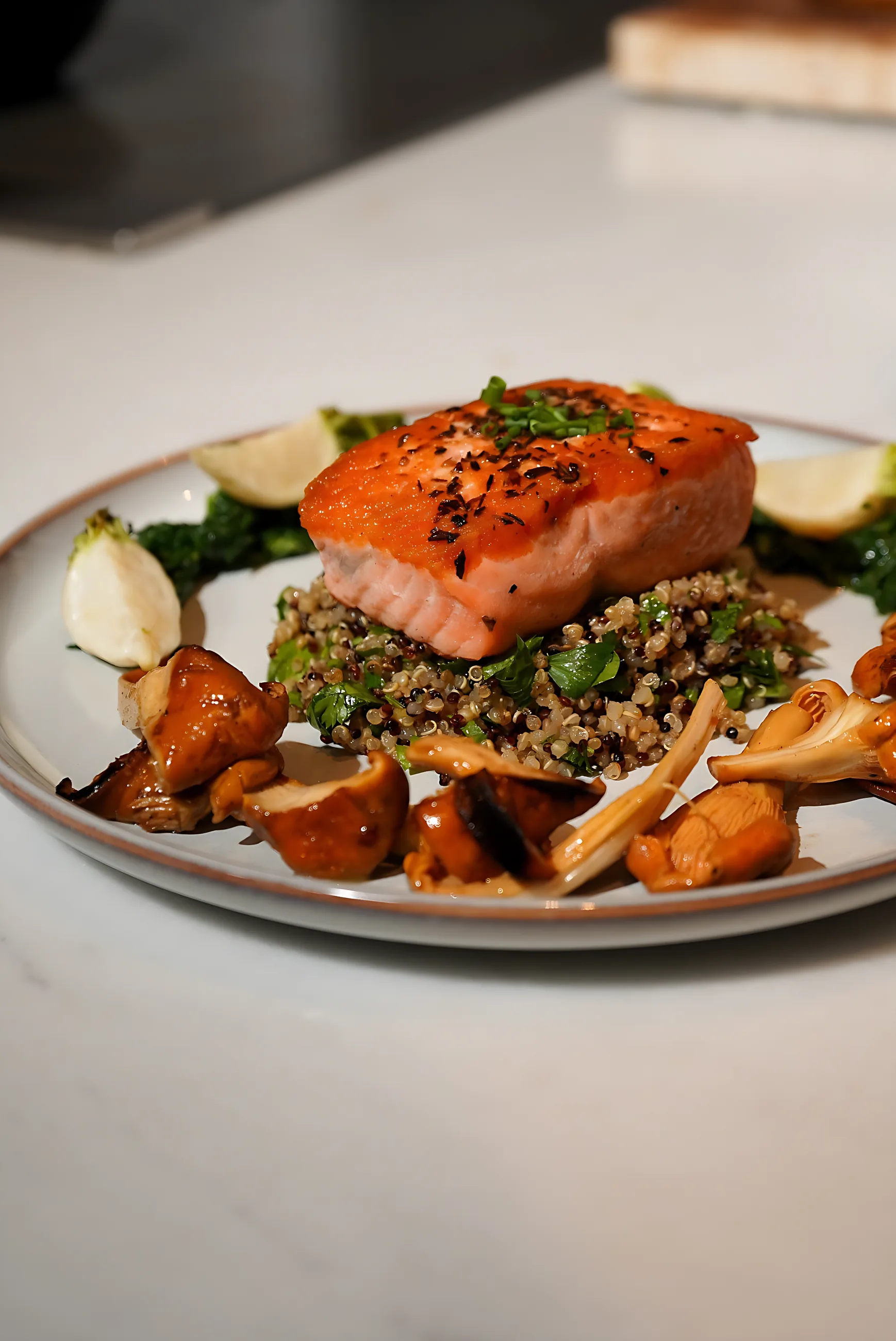 Salmon over farro with roasted mushrooms and lemon