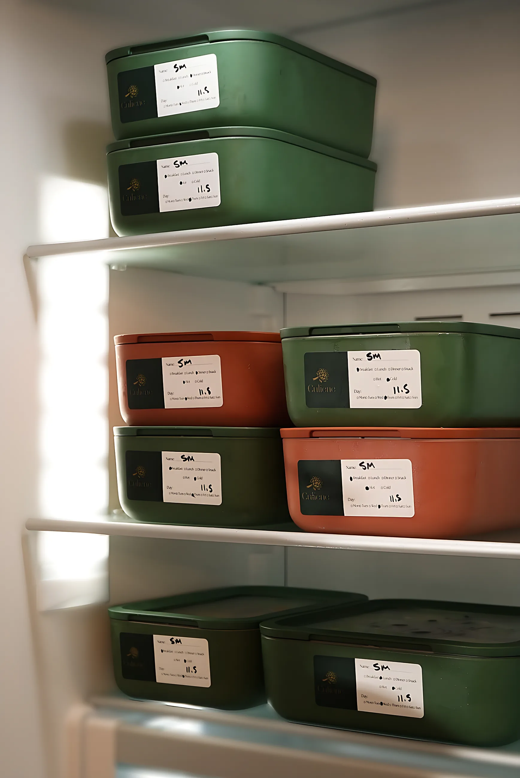 Ceramic containers with labeled meals stacked inside a refrigerator